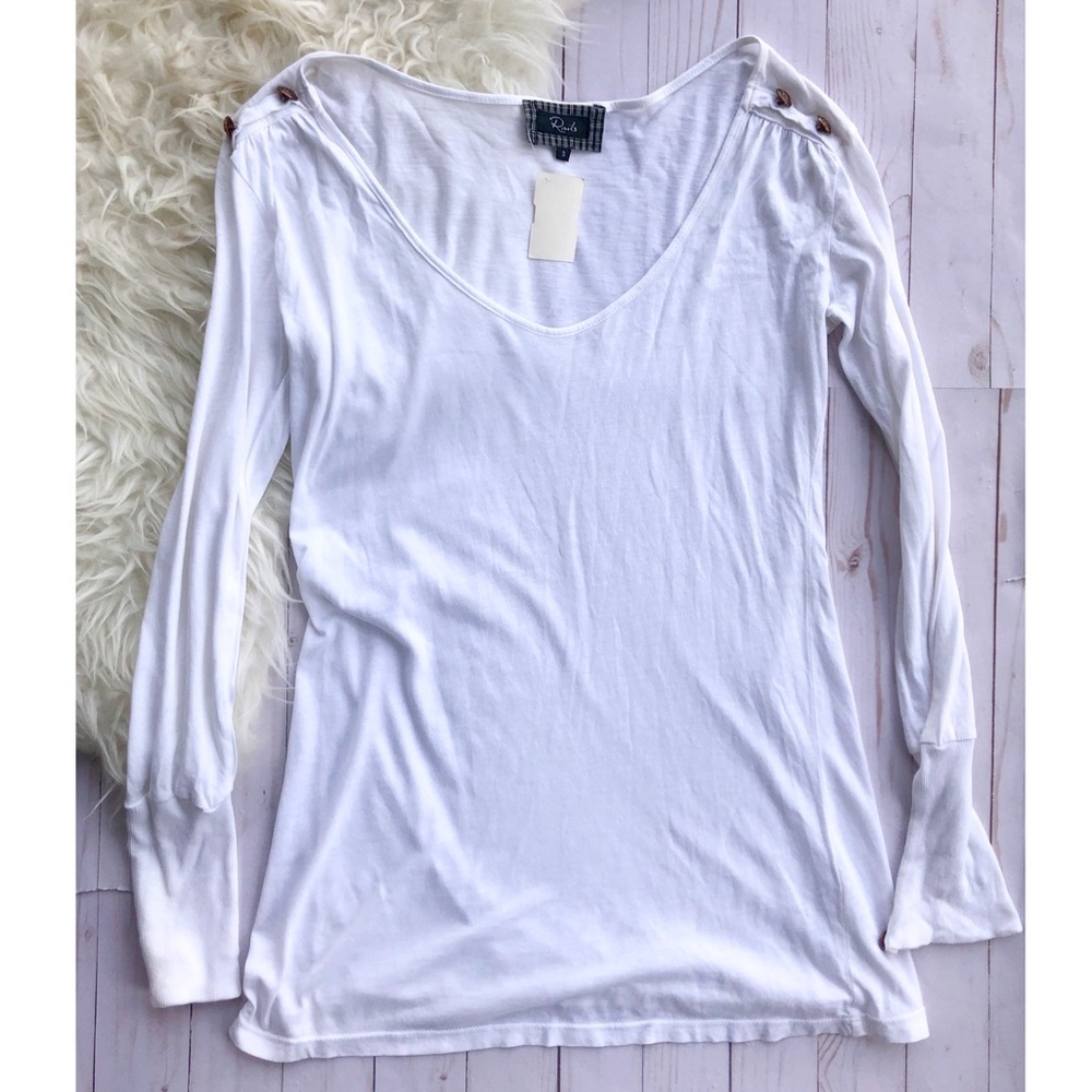 Rails button shoulder long sleeve white t-shirt